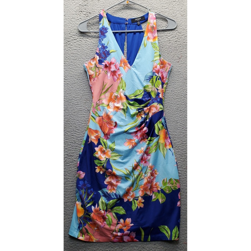 Guess Cocktail Party Dress Womens 0 Multi Floral Sleeveless Side Ruched V-Neck